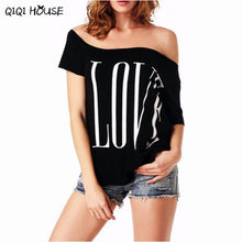 Moda Mujer Letter Printing LOVE Off Shoulder Short Sleeve T-Shirts Boat Neck Casual Tops T-Shirt Summer Style#B812