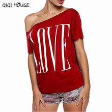 Moda Mujer Letter Printing LOVE Off Shoulder Short Sleeve T-Shirts Boat Neck Casual Tops T-Shirt Summer Style#B812