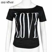 Moda Mujer Letter Printing LOVE Off Shoulder Short Sleeve T-Shirts Boat Neck Casual Tops T-Shirt Summer Style#B812