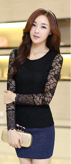 NEW Fall Brand Slim wild t-shirt women Bow Long-sleeved Lace t shirt Plus Size tops 9673