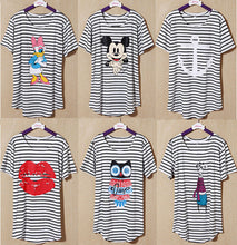 NEW Striped Printed Anchor owl lip women T-shirts short Sleeve t shirts Stretch Cotton tees tops 4185
