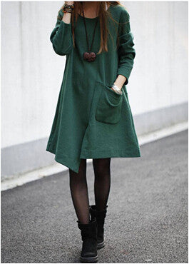 New 2014 Autumn Casual Women Solid Loose Long Sleeve Asymmetrical Dress Vestidos, Orange, Green, Black, M, L, XL,XXL 9631