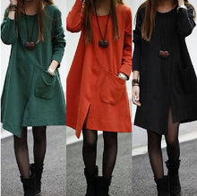 New 2014 Autumn Casual Women Solid Loose Long Sleeve Asymmetrical Dress Vestidos, Orange, Green, Black, M, L, XL,XXL 9631
