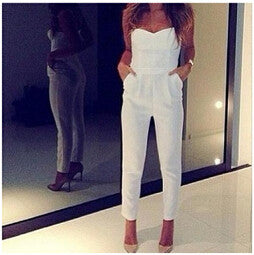 New 2014 Women Overalls White Sexy V Strapless Playsuit Novelty Jumpsuits Summer Pencil Pants Leggings 9524