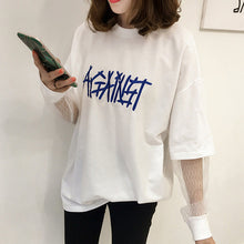 New 2017 Embroidery Letter Net Yarn Patchwork Fake two pieces Summer T Shirt Women Fashion T-shirts Tops Plus Size