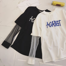 New 2017 Embroidery Letter Net Yarn Patchwork Fake two pieces Summer T Shirt Women Fashion T-shirts Tops Plus Size