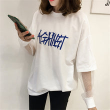 New 2017 Embroidery Letter Net Yarn Patchwork Fake two pieces Summer T Shirt Women Fashion T-shirts Tops Plus Size