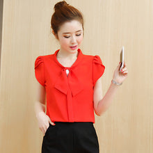 New 2017 Fashion Button Bow Tie Ruffles Chiffon Blouse Elegant Short Sleeve Plus Size Blusas Slim Casual Shirt Women Tops 72708