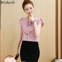 New 2017 Fashion Button Bow Tie Ruffles Chiffon Blouse Elegant Short Sleeve Plus Size Blusas Slim Casual Shirt Women Tops 72708