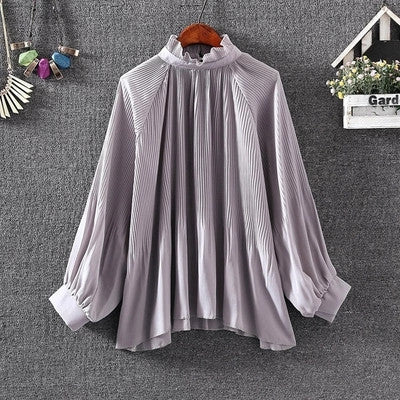 New 2017 Fashion Elegant Pleated Chiffon Blouse Button Shirt Stand Collar Lanterns Sleeves Blusas Loose Women Tops Plus Size
