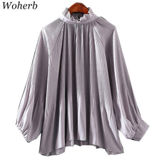 New 2017 Fashion Elegant Pleated Chiffon Blouse Button Shirt Stand Collar Lanterns Sleeves Blusas Loose Women Tops Plus Size