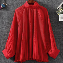 New 2017 Fashion Elegant Pleated Chiffon Blouse Button Shirt Stand Collar Lanterns Sleeves Blusas Loose Women Tops Plus Size