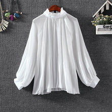 New 2017 Fashion Elegant Pleated Chiffon Blouse Button Shirt Stand Collar Lanterns Sleeves Blusas Loose Women Tops Plus Size