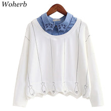 New 2017 Fashion Japanese Style Cat Fish Embroidery Female Patchwork t shirts Cute tshirts Full Sleeve T-shirts Plus Size 72631