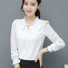 New 2017 Fashion Korean Style Elegant Chiffon Blouse Bow Tie Shirt Stand Collar Long Puff-Sleeve Blusas Women Tops Plus Size