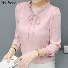 New 2017 Fashion Korean Style Elegant Chiffon Blouse Bow Tie Shirt Stand Collar Long Puff-Sleeve Blusas Women Tops Plus Size