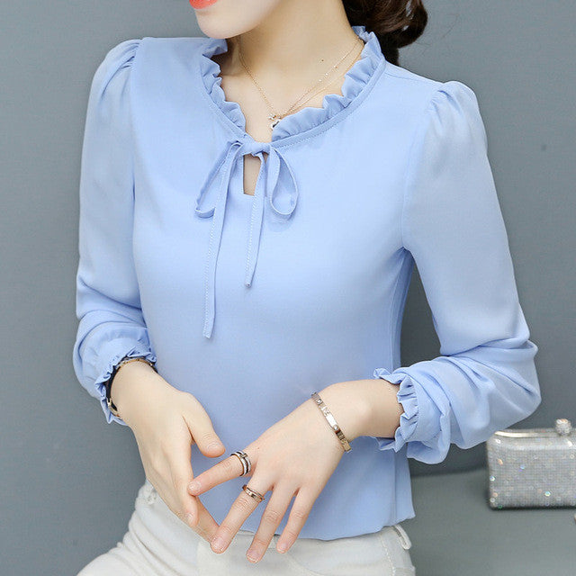 New 2017 Fashion Korean Style Elegant Chiffon Blouse Bow Tie Shirt Stand Collar Long Puff-Sleeve Blusas Women Tops Plus Size