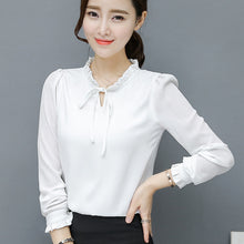 New 2017 Fashion Korean Style Elegant Chiffon Blouse Bow Tie Shirt Stand Collar Long Puff-Sleeve Blusas Women Tops Plus Size