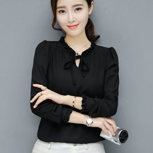 New 2017 Fashion Korean Style Elegant Chiffon Blouse Bow Tie Shirt Stand Collar Long Puff-Sleeve Blusas Women Tops Plus Size