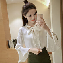 New 2017 Fashion Solid Bow Tie Chiffon Blouse Flare Sleeve V-Neck Button Blusas Casual Shirt Elegant Women Tops Plus Size 72709