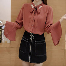 New 2017 Fashion Solid Bow Tie Chiffon Blouse Flare Sleeve V-Neck Button Blusas Casual Shirt Elegant Women Tops Plus Size 72709
