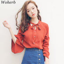 New 2017 Fashion Solid Bow Tie Chiffon Blouse Flare Sleeve V-Neck Button Blusas Casual Shirt Elegant Women Tops Plus Size 72709