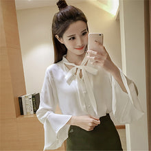 New 2017 Fashion Solid Bow Tie Chiffon Blouse Flare Sleeve V-Neck Button Blusas Casual Shirt Elegant Women Tops Plus Size 72709