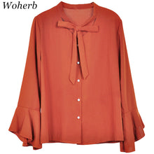 New 2017 Fashion Solid Bow Tie Chiffon Blouse Flare Sleeve V-Neck Button Blusas Casual Shirt Elegant Women Tops Plus Size 72709