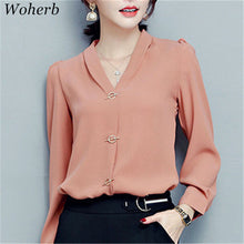 New 2017 Fashion V-Neck Chiffon Blouse Puff Sleeve Solid Button Blusas Casual Shirt Brief Elegant Women Tops Plus Size 72710