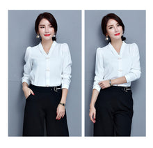 New 2017 Fashion V-Neck Chiffon Blouse Puff Sleeve Solid Button Blusas Casual Shirt Brief Elegant Women Tops Plus Size 72710