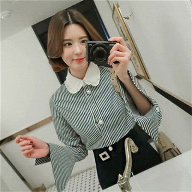 New 2017 Korean style Cute Blouse Women Plus Size Elegant Tops Stand collar Striped Shirt Pearl buttons Blusas 72500