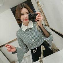New 2017 Korean style Cute Blouse Women Plus Size Elegant Tops Stand collar Striped Shirt Pearl buttons Blusas 72500