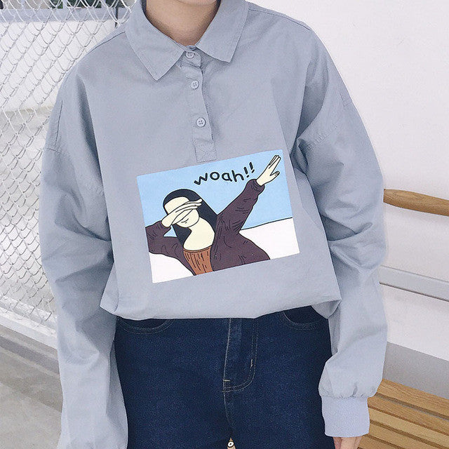 New 2017 Korean style Summer Kawaii Button Blouse Letter Cartoon Character Print Shirt Cute Blusas Plus Size Women Tops 72512