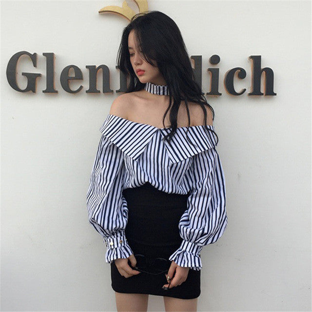 New 2017 Korean style Summer Sexy Blouse Button Casual Shirt Cute Puff Sleeve Steiped Blusas Plus Size Women Tops 72520