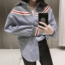 New 2017 summer spring Plus Size Women blouse Button Patchwork Striprd Tops Casual Full Sleeves Shirts 72498