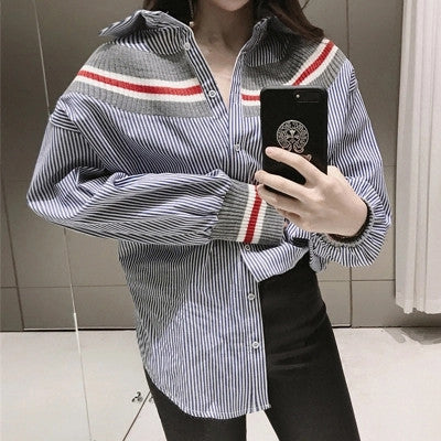 New 2017 summer spring Plus Size Women blouse Button Patchwork Striprd Tops Casual Full Sleeves Shirts 72498