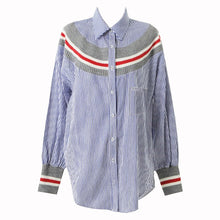 New 2017 summer spring Plus Size Women blouse Button Patchwork Striprd Tops Casual Full Sleeves Shirts 72498