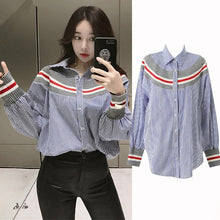 New 2017 summer spring Plus Size Women blouse Button Patchwork Striprd Tops Casual Full Sleeves Shirts 72498