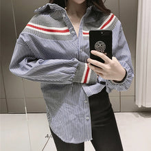 New 2017 summer spring Plus Size Women blouse Button Patchwork Striprd Tops Casual Full Sleeves Shirts 72498