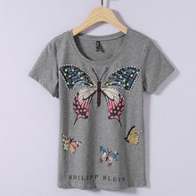 New Arrival 2017 Summer Women T Shirt Casual O Neck Short Sleeve Diamond Bling tshirt Female Butterfly Print Tops Tees 72364