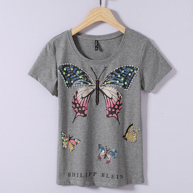 New Arrival 2017 Summer Women T Shirt Casual O Neck Short Sleeve Diamond Bling tshirt Female Butterfly Print Tops Tees 72364