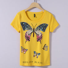 New Arrival 2017 Summer Women T Shirt Casual O Neck Short Sleeve Diamond Bling tshirt Female Butterfly Print Tops Tees 72364