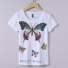 New Arrival 2017 Summer Women T Shirt Casual O Neck Short Sleeve Diamond Bling tshirt Female Butterfly Print Tops Tees 72364