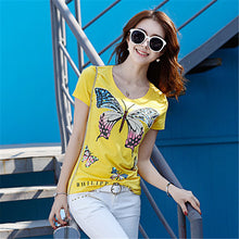 New Arrival 2017 Summer Women T Shirt Casual O Neck Short Sleeve Diamond Bling tshirt Female Butterfly Print Tops Tees 72364