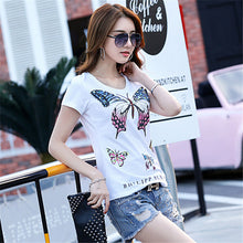 New Arrival 2017 Summer Women T Shirt Casual O Neck Short Sleeve Diamond Bling tshirt Female Butterfly Print Tops Tees 72364