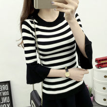 New Autumn Winter Female Striped Sweater Plus Size Thin Knitted Three Quarters Flare Sleeve O-neck Pullovers Hot Sale 71787
