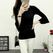 New Autumn Winter Female Striped Sweater Plus Size Thin Knitted Three Quarters Flare Sleeve O-neck Pullovers Hot Sale 71787