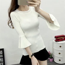 New Autumn Winter Female Striped Sweater Plus Size Thin Knitted Three Quarters Flare Sleeve O-neck Pullovers Hot Sale 71787