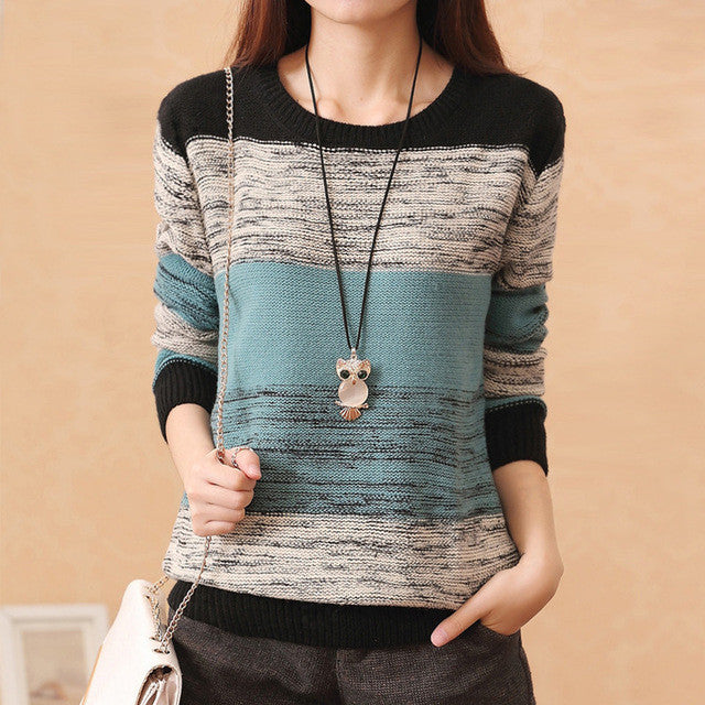 New Fashion Female Pullovers Knitted Long Sleeve O-neck Winter Autumn Patchwork Sweaters Hot Sale 71978