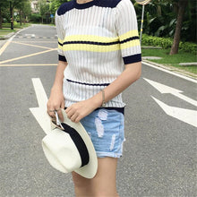 New Fashion Female Pullovers Knitted Short Sleeve O-neck Autumn Striped Patchwork Knitting Swear Off Slim Hot Sale 71663